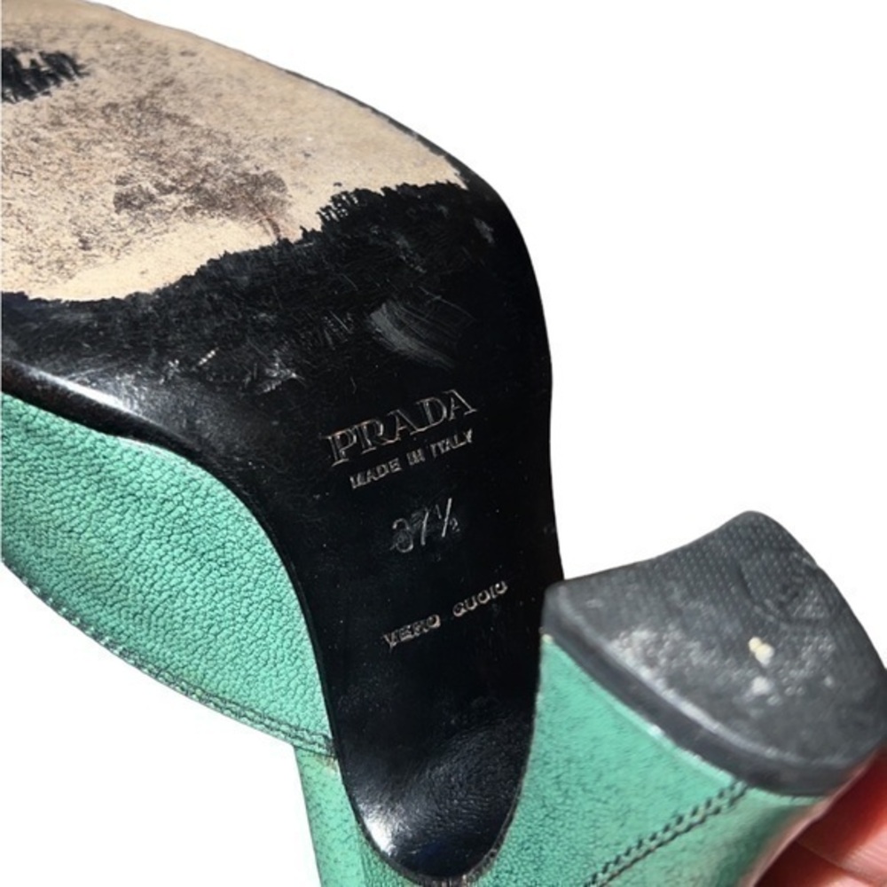 PRADA Vintage 2000s’ Green Leather Block Heel Peep Toe Sandals Mules 37.5 - Picture 8 of 9